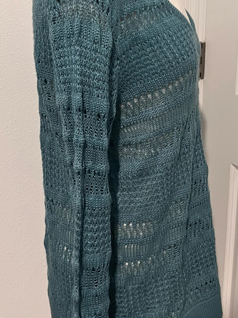 Soho Teal Open-Weave V-Neck Sweater